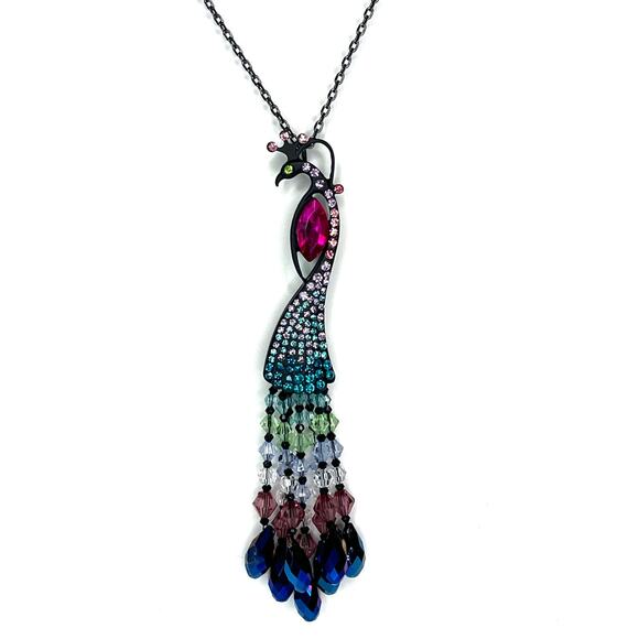 NEW Betsey Johnson PEACOCK BIRD NECKLACE Statement Stone Bejeweled Tassels - Picture 7 of 7